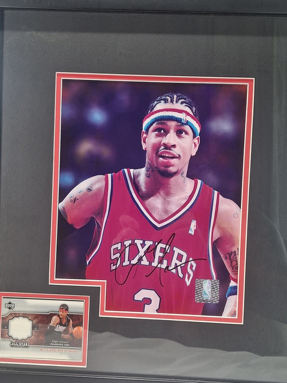 Allen Iverson Signed 8x10 Photo & NBA Hologram Upper Deck Game Used Jersey Card